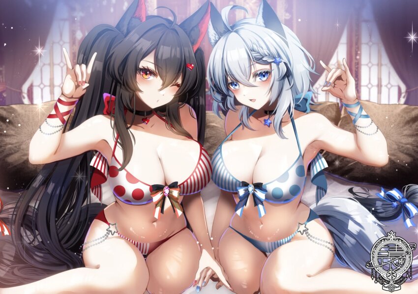 2girls, ;o, ahoge, animal_ear_fluff, animal_ears, arm_ribbon, armpits, bead_bracelet