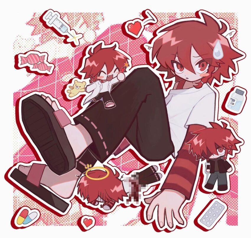 1boy, ^_^, black_jacket, black_pants, blush_stickers, border, braid, capsule