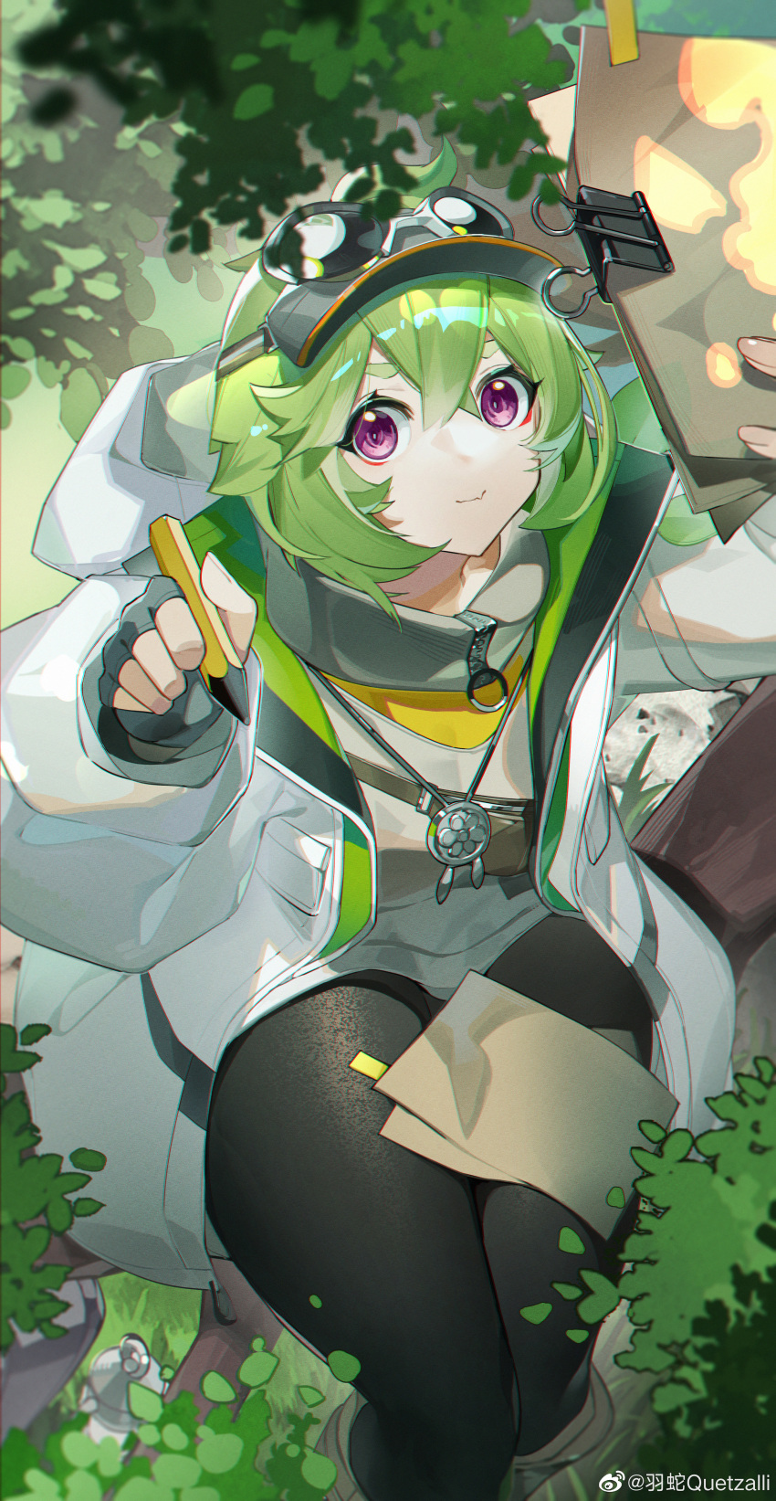 1girl, absurdres, arm_up, black_pantyhose, closed_mouth, coat, collei_(genshin_impact), collei_(kiehls')_(genshin_impact), commentary_request, crossed_bangs, eyewear_on_head, fang, feet_out_of_frame, fingerless_gloves, from_above, genshin_impact, gloves, goggles, goggles_on_headwear, green_hair, grey_hat, grey_shirt, hat, highres, holding, holding_pencil, kiehl's, long_sleeves, looking_at_viewer, official_alternate_costume, open_clothes, open_coat, pantyhose, paper, pencil, purple_eyes, shirt, short_hair, sitting, skin_fang, smile, solo, turtleneck, visor_cap, white_coat, yushe_quetzalli