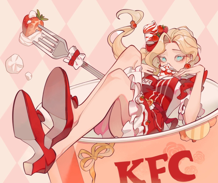 1girl, apron, argyle_background, argyle_clothes, between_breasts, blonde_hair, blue_eyes, bow, breasts, bucket, chinese_commentary, colored_eyelashes, covered_mouth, cream, dress, earrings, food, food-themed_hair_ornament, food_between_breasts, footwear_bow, fork, fruit, full_body, grace_(chef_k)_(identity_v), grace_(identity_v), hair_ornament, high_heels, highres, holding, holding_spoon, ice_cream, identity_v, jewelry, kfc, knee_up, long_hair, looking_at_viewer, low-tied_long_hair, magisomentium, medium_breasts, name_tag, no_pupils, pink_background, red_apron, red_footwear, simple_background, sitting, solo, spoon, strawberry, striped_apron, striped_clothes, white_background, white_dress