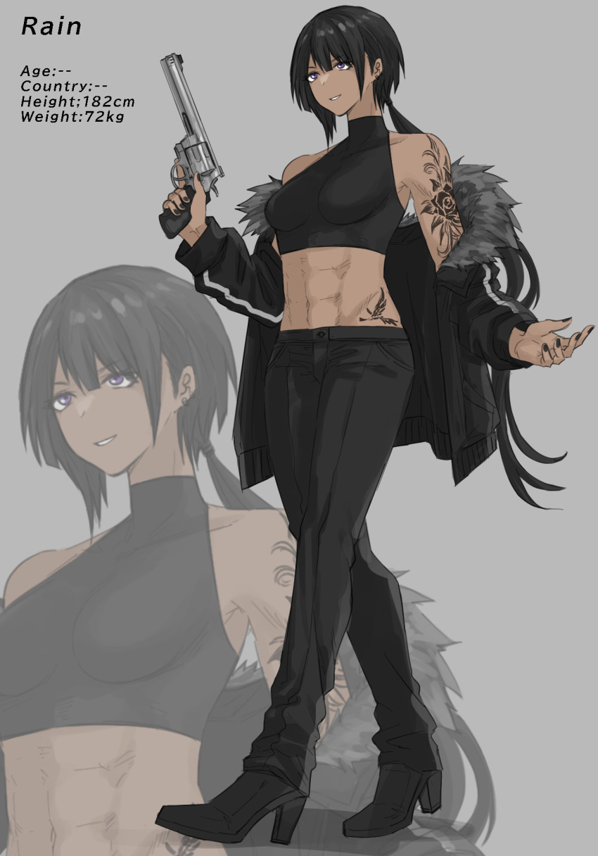 1girl, abs, black_hair, breasts, character_age, character_name, crop_top, dark_skin