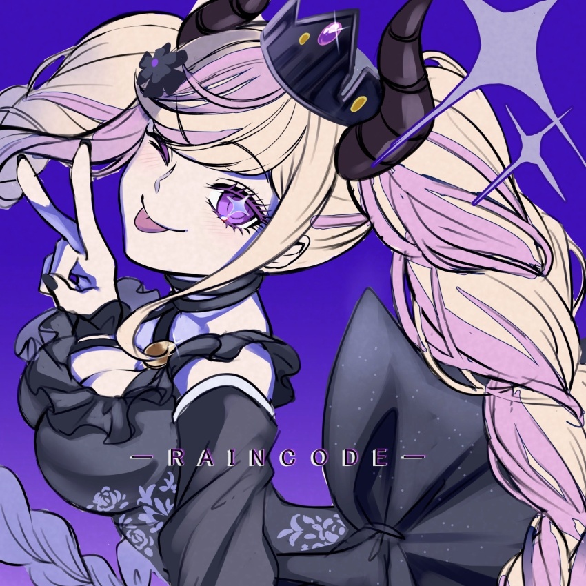 1girl, ;p, bare_shoulders, black_nails, braid, breasts, cleavage, copyright_name