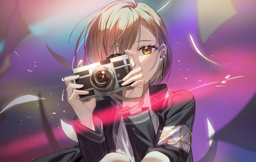 1girl, azusawa_kohane, brown_eyes, brown_hair, buttons, camera, commentary_request, covered_mouth