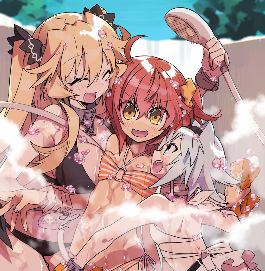 3girls, ahoge, alternate_breast_size, anne_bonny_(fate), anne_bonny_(swimsuit_archer)_(first_ascension)_(fate), bare_shoulders, bathing, bikini