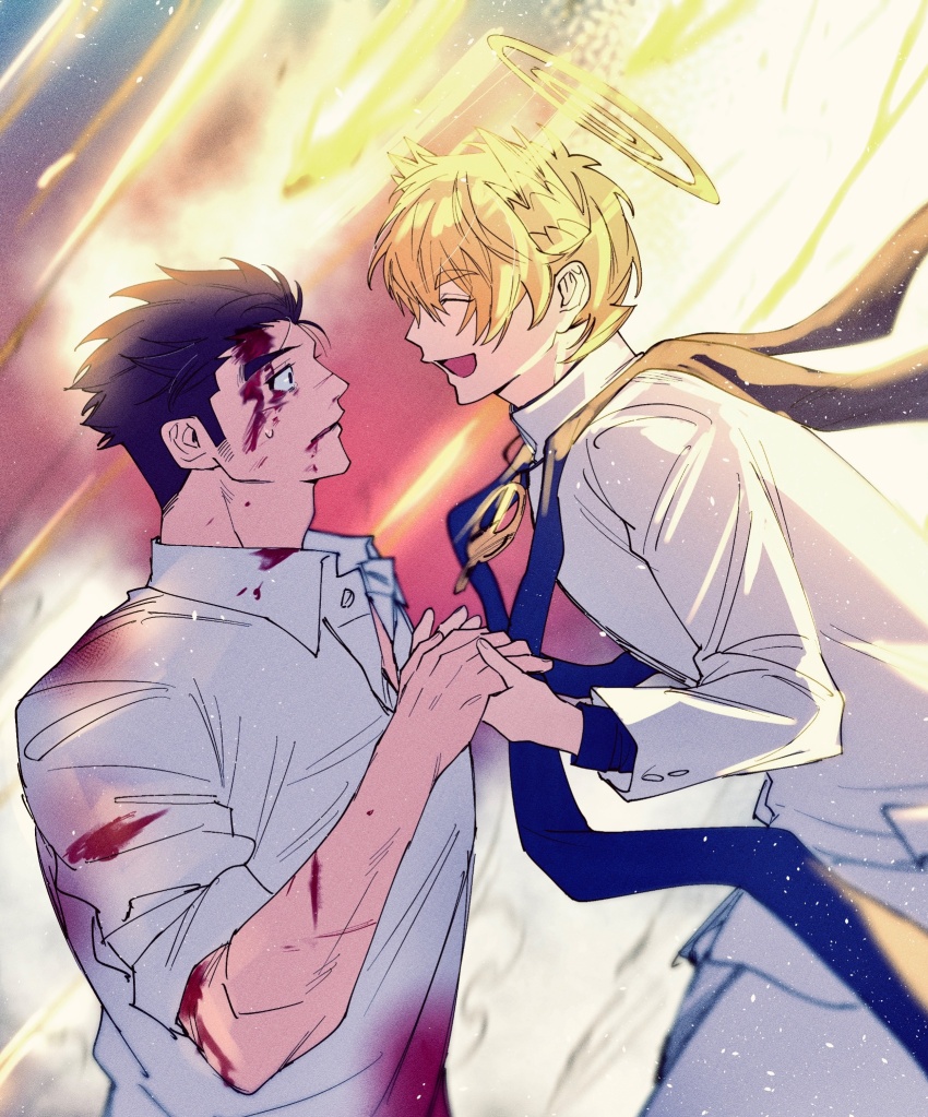 2boys, angel, bad_id, bad_twitter_id, black_eyes, black_hair, blonde_hair, blood