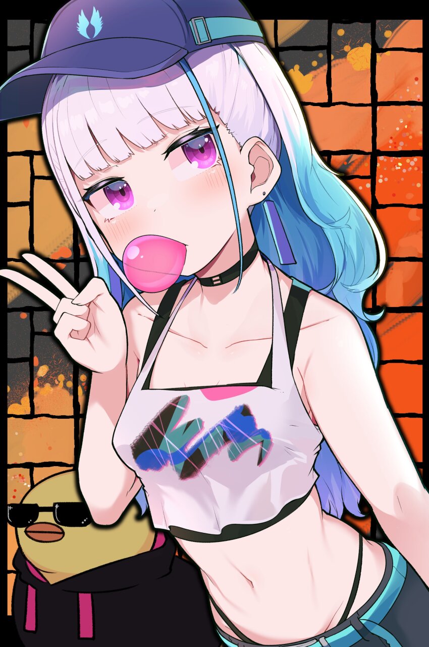 1girl, absurdres, bare_shoulders, baseball_cap, belt, bird, black_choker, black_hoodie