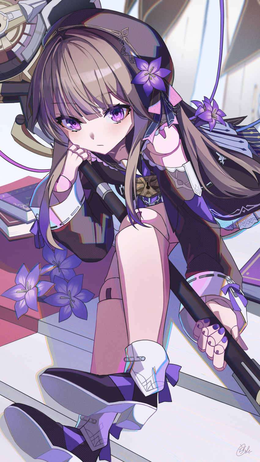 1boy, 1girl, absurdres, beret, black_hat, book, brown_hair, choker