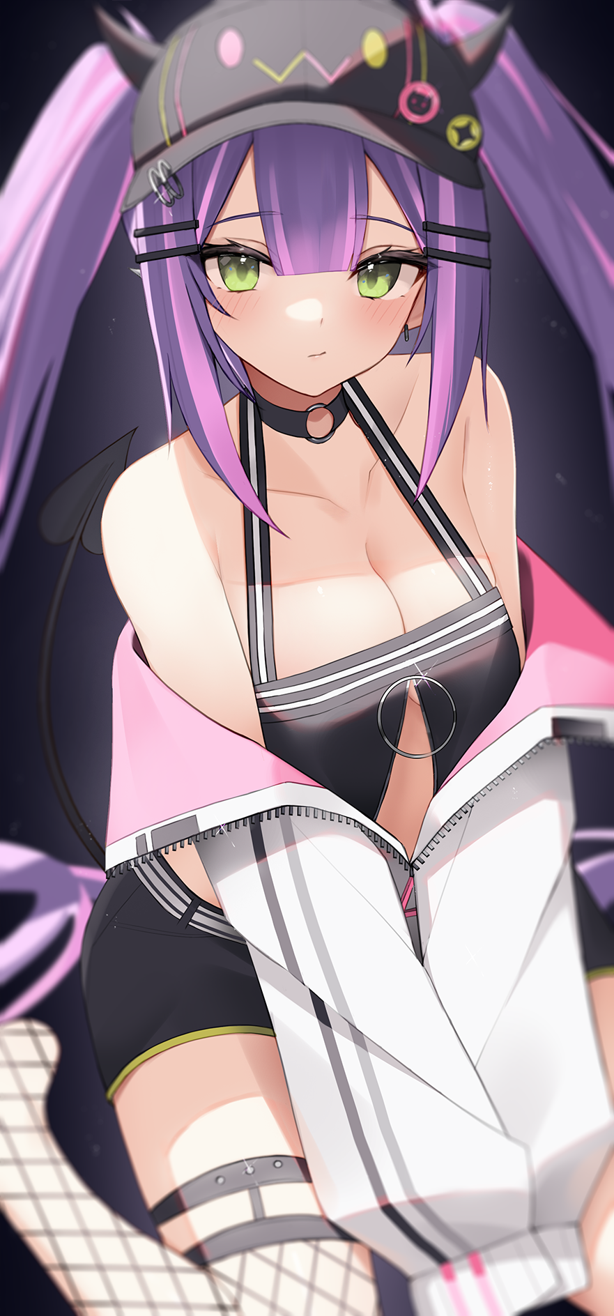 1girl, bibi_(tokoyami_towa), black_background, black_choker, black_shorts, black_tank_top, blush, breasts