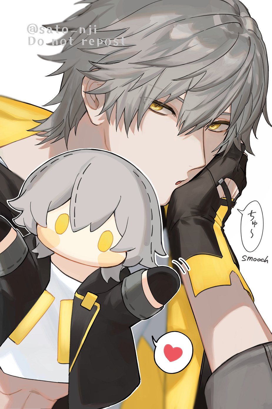 1boy, black_gloves, black_jacket, caelus_(honkai:_star_rail), gloves, grey_hair, hair_between_eyes, hand_puppet