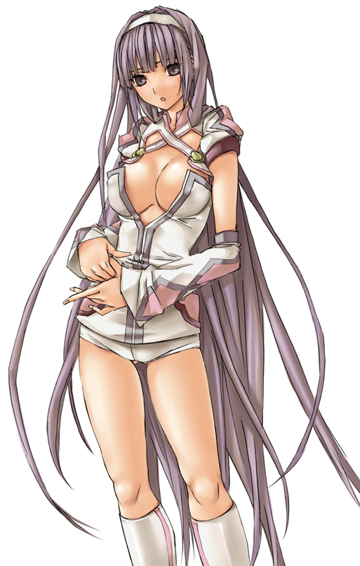 1girl, aged_up, alternate_hairstyle, breasts, center_opening, cleavage, detached_sleeves, female_focus, hairband, large_breasts, long_hair, official_alternate_costume, purple_eyes, purple_hair, short_shorts, shorts, socks, solo, sonnnabakana, sophie_(tales), sophie_(toast_of_the_town)_(tales), tales_of_(series), tales_of_graces, unzipped, very_long_hair, white_background