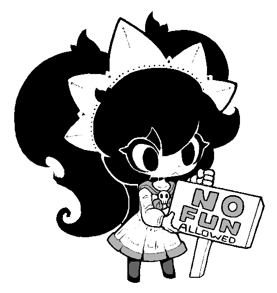 1girl, :<, ashley_(warioware), big_hair, closed_mouth, collarbone, dot_nose, dress, english_text, expressionless, full_body, greyscale, hairband, holding, holding_sign, inawon, long_hair, long_sleeves, meme, monochrome, neckerchief, nintendo, no_fun_allowed_(meme), sign, simple_background, skull, solid_eyes, sonic_(series), standing, twintails, warioware, white_background