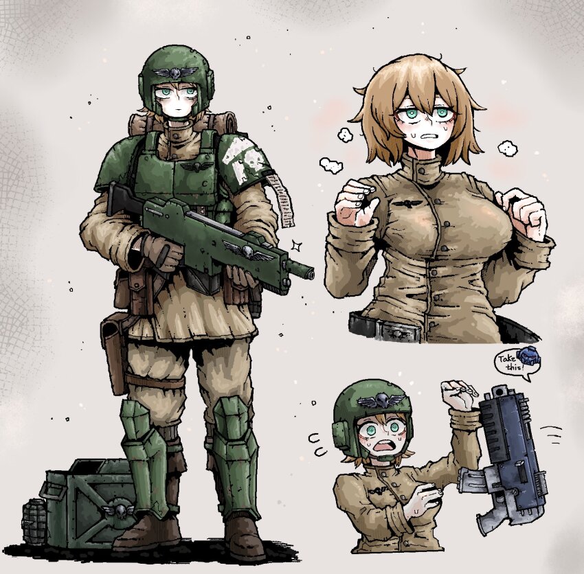 1girl, adeptus_astartes, ammunition_box, ammunition_pouch, astra_militarum, belt, blonde_hair, bolter
