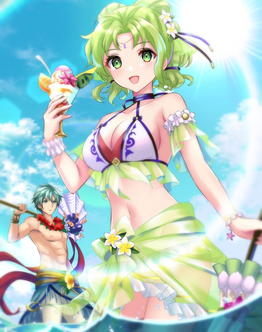 1boy, 1girl, abs, armband, axe, bikini, bracelet, breasts, circlet, cleavage, commentary, cup, ephraim_(fire_emblem), ephraim_(summer)_(fire_emblem), fire_emblem, fire_emblem:_the_sacred_stones, fire_emblem_heroes, flower, food, frilled_armband, frilled_bikini, frills, green_eyes, green_hair, green_sarong, hair_flower, hair_ornament, hair_tie, halterneck, highres, holding, holding_axe, holding_cup, holding_umbrella, jewelry, kakiko210, l'arachel_(fire_emblem), l'arachel_(summer)_(fire_emblem), looking_at_viewer, medium_breasts, multicolored_swimsuit, navel, nintendo, official_alternate_costume, parasol, parfait, partially_submerged, sarong, smile, sun, swimsuit, umbrella, white_bikini