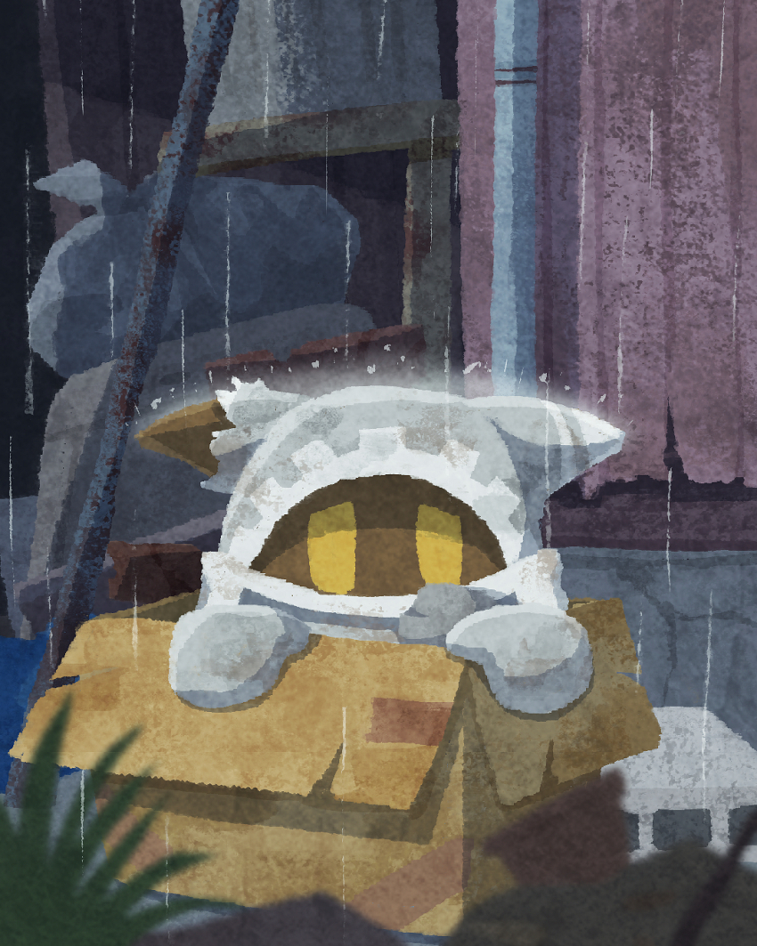 1boy, box, brick, cardboard_box, gloves, grass, highres, interdimensional_magolor