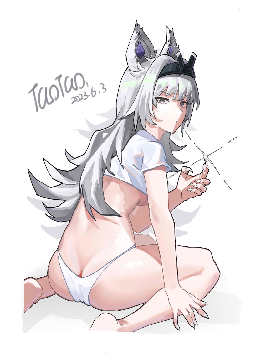 1girl, absurdres, animal_ears, ass, black_hairband, breasts, claws, closed_mouth, grey_eyes, grey_hair, hairband, highres, long_hair, looking_at_viewer, medium_breasts, nail_(hardware), no._21:_feral_(pgr), no._21_(pgr), panties, punishing:_gray_raven, shirt, short_sleeves, solo, taotao_bujue, underboob, underwear, white_background, white_panties, white_shirt, wolf_ears
