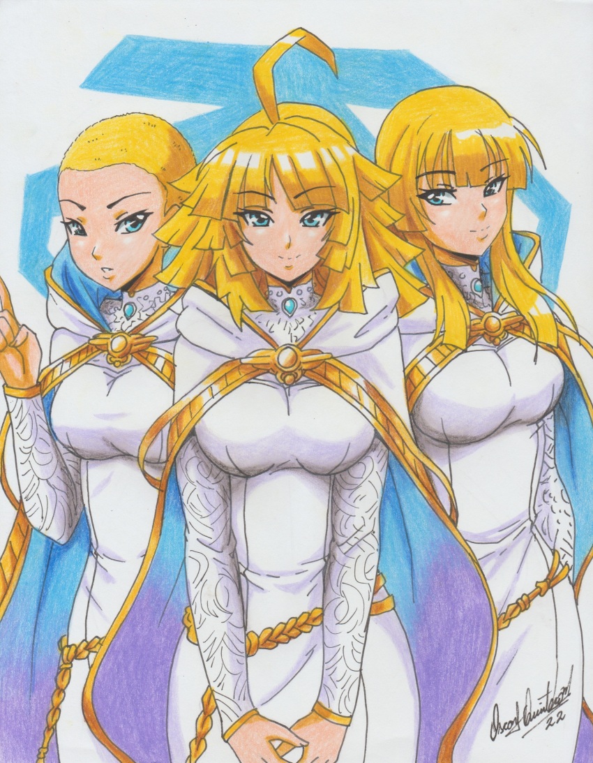 2022, 3girls, absurdres, blonde_hair, blue_eyes, breasts, cape, chest_jewel