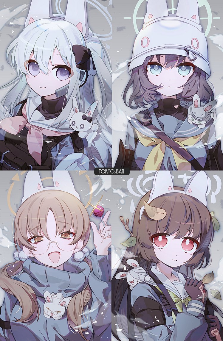 4girls, animal_ears, aqua_eyes, black_hair, blue_archive, brown_hair, candy, collage