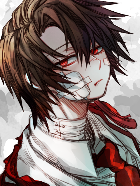 1boy, bandage_on_face, bandaged_neck, bandages, bright_pupils, brown_hair, closed_mouth, collared_shirt