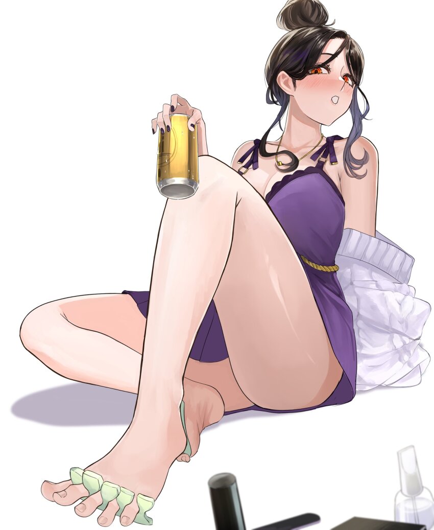 1girl, babydoll, barefoot, black_hair, blush, breasts, camisole, can, cardigan, cleavage, collarbone, drunk, feet, frilled_babydoll, frills, highres, holding, holding_can, knee_up, large_breasts, legs, lingerie, long_hair, looking_at_viewer, nail_polish, negligee, nekotokage, nightgown, nijisanji, open_cardigan, open_clothes, orange_eyes, purple_babydoll, shirayuki_tomoe, shirayuki_tomoe_(loungewear), solo, spaghetti_strap, spread_toes, toenails, toes, underwear, underwear_only, virtual_youtuber