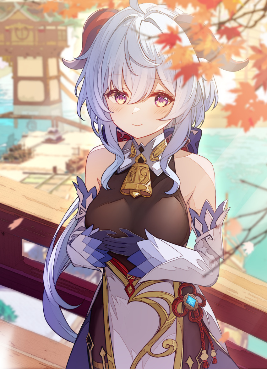 1girl, ahoge, architecture, autumn_leaves, bare_shoulders, bell, blue_gloves, blue_hair