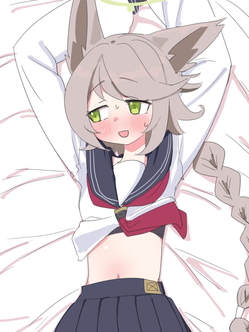 1girl, animal_ears, arms_up, averting_eyes, bed_sheet, black_sailor_collar, black_skirt, black_sports_bra, blue_archive, blush, braid, braided_ponytail, breasts, clothes_lift, commentary, cowboy_shot, embarrassed, green_eyes, half-closed_eyes, halo, highres, light_brown_hair, long_hair, long_sleeves, looking_to_the_side, lying, midriff, navel, neckerchief, nervous_smile, nervous_sweating, nikukabe, on_back, on_bed, open_mouth, otogi_(blue_archive), pleated_skirt, raised_eyebrows, red_neckerchief, sailor_collar, school_uniform, serafuku, shirt, shirt_lift, skirt, small_breasts, smile, solo, sports_bra, sweat, very_long_hair, white_shirt