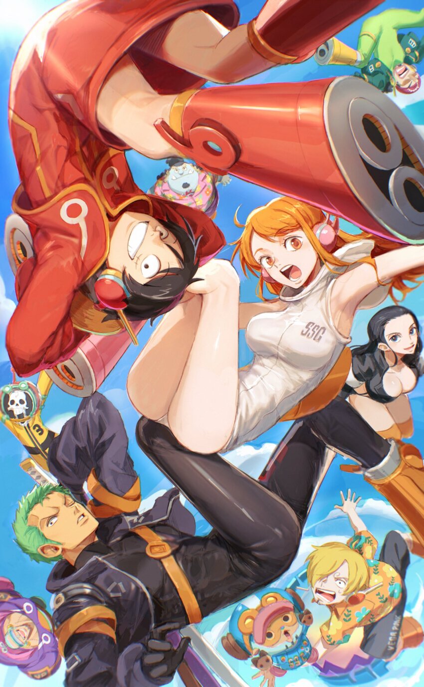 2girls, 6+boys, alternate_costume, black_bodysuit, black_gloves, blue_skin, blue_sky, bodysuit, breasts, brook_(one_piece), brook_(one_piece)_(egghead), cigarette, colored_skin, commentary, day, egghead_island, english_commentary, everyone, falling, fangs, franky_(one_piece), franky_(one_piece)_(egghead), gloves, green_bodysuit, green_hair, hair_over_one_eye, highres, hooded_leotard, jacket, jinbe_(one_piece), jinbe_(one_piece)_(egghead), large_breasts, leotard, looking_at_viewer, medium_breasts, monkey_d._luffy, monkey_d._luffy_(egghead), multiple_boys, multiple_girls, nami_(one_piece), nami_(one_piece)_(egghead), nico_robin, nico_robin_(egghead), oekakiboya, official_alternate_costume, one_eye_closed, one_piece, open_mouth, outdoors, red_footwear, red_hair, red_jacket, roronoa_zoro, roronoa_zoro_(egghead), sanji_(one_piece), sanji_(one_piece)_(egghead), scar, scar_across_eye, scar_on_face, sky, smile, sword, teeth, tony_tony_chopper, tony_tony_chopper_(egghead), usopp, usopp_(egghead), weapon, white_leotard, wide_hips