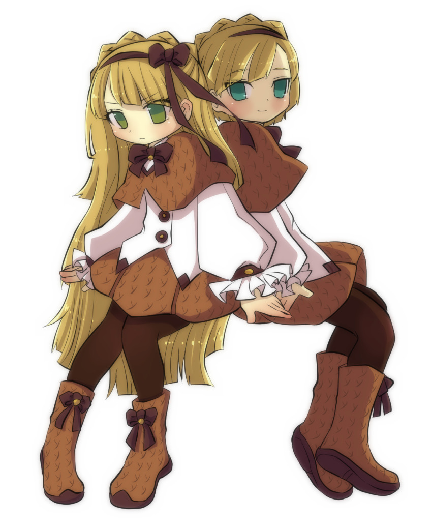 1boy, 1girl, aqua_eyes, blonde_hair, boots, braid, brown_boots, brown_capelet