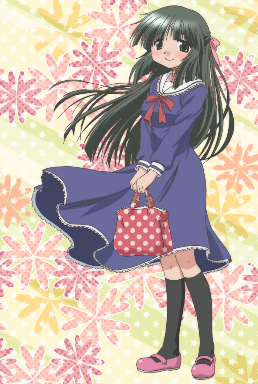 1girl, alternate_costume, bag, black_socks, blush, closed_mouth, dot_nose, dress