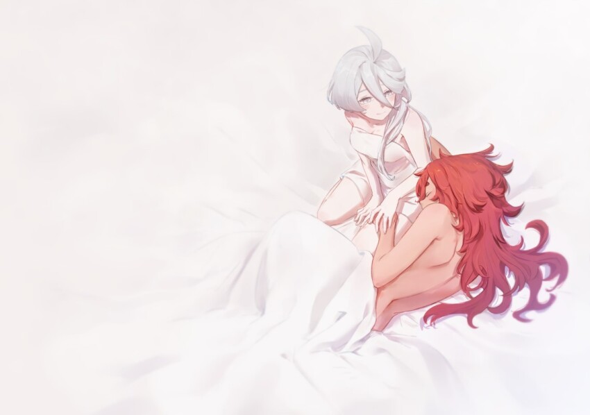 2girls, ani_lu, back, bare_back, gundam, gundam_suisei_no_majo, hair_down, long_hair