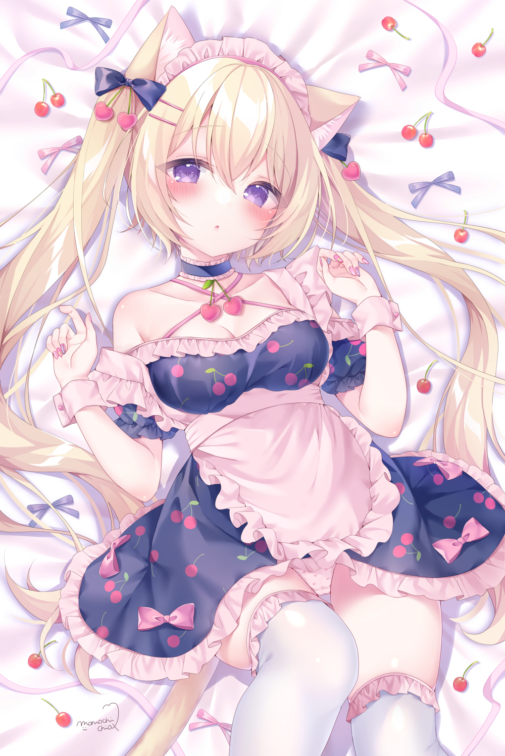 1girl, :o, animal_ear_fluff, animal_ears, applying_manicure, apron, artist_name, blonde_hair, blue_bow, blue_choker, blue_ribbon, blush, bow, breasts, cat_ears, cat_girl, cat_tail, cherry, cherry_hair_ornament, cherry_necklace, cherry_print, choker, cleavage, collarbone, commentary_request, dress, food, food-themed_hair_ornament, food_print, frilled_choker, frilled_thighhighs, frills, fruit, fruit_print, hair_between_eyes, hair_bow, hair_ornament, hands_up, head_tilt, heart, heart_panties, heart_print, highres, index_finger_raised, knee_up, long_hair, looking_at_viewer, lying, maid, maid_headdress, medium_breasts, momochi_chia, nail_polish, off_shoulder, on_back, on_bed, original, panties, pantyshot, pink_apron, pink_bow, pink_panties, pink_ribbon, print_panties, purple_eyes, ribbon, signature, solo, tail, thighhighs, thighs, twintails, underwear, upskirt, very_long_hair, waist_apron, white_thighhighs, wrist_cuffs