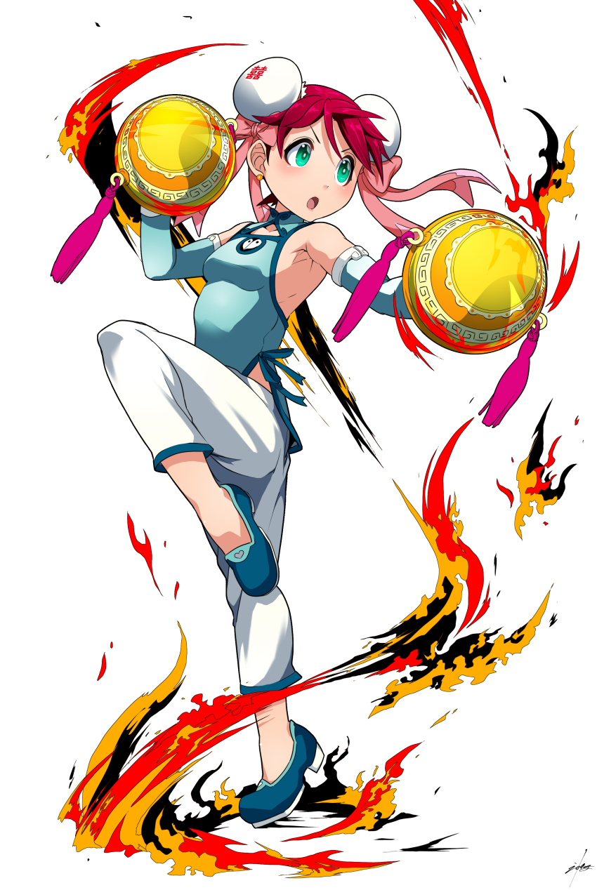 1girl, absurdres, arms_up, breasts, brown_hair, bun_cover, china_dress, chinese_clothes, dress, earrings, elbow_gloves, fire, full_body, gloves, green_eyes, hair_bun, highres, jewelry, kanda_mijinko, meandros, open_mouth, pants, ribbon, saru_getchu, sayaka_(saru_getchu), short_dress, simple_background, sleeveless, sleeveless_dress, small_breasts, solo, white_pants