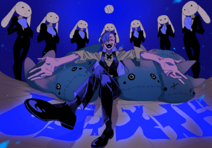 ado_(utaite), baseball, blue_background, blue_eyes, blue_hair, crossed_legs, formal_clothes, long_hair, looking_at_viewer, merry_(ado), open_mouth, outstretched_arms, rabbit, readymade_(ado), smile, socks, suit, terayama_(terra_yama_8383), utaite