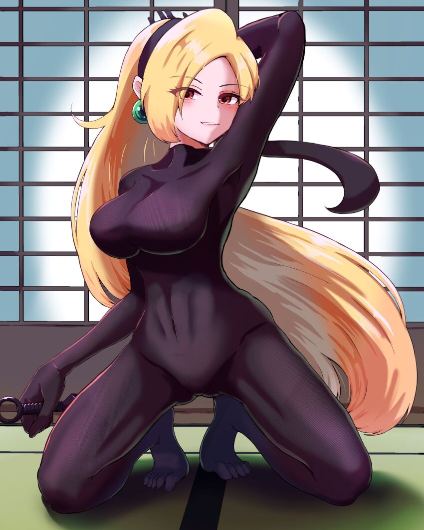 1girl, blonde_hair, bodystocking, bodysuit, breasts, covered_navel, dagger, earrings