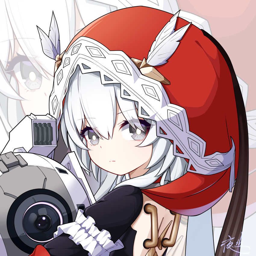 1girl, absurdres, black_dress, closed_mouth, dress, feather_hair_ornament, feathers, grey_eyes