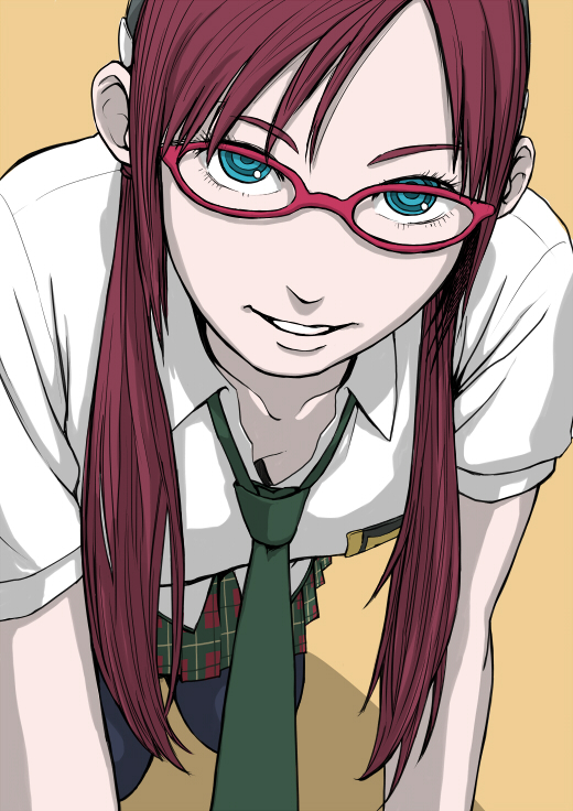 00s, 1girl, blue_eyes, brown_hair, evangelion:_2.0_you_can_(not)_advance, female_focus, glasses, hairband, long_hair, makinami_mari_illustrious, neon_genesis_evangelion, pantyhose, plaid, rebuild_of_evangelion, school_uniform, smile, solo, tanaka_hirotaka, thighhighs, twintails
