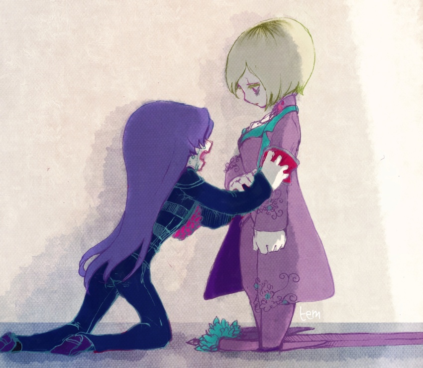 1girl, 1other, ambiguous_gender, armband, armor, asymmetrical_bangs, bags_under_eyes, black_footwear