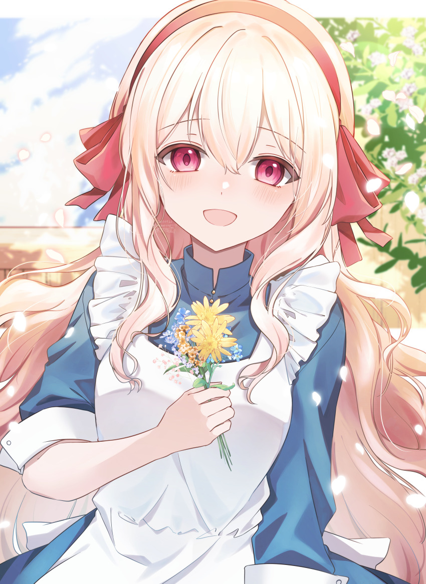 1girl, absurdres, apron, blonde_hair, blue_dress, blush, bow_hairband, daifuku_mame_(kageroudt33)