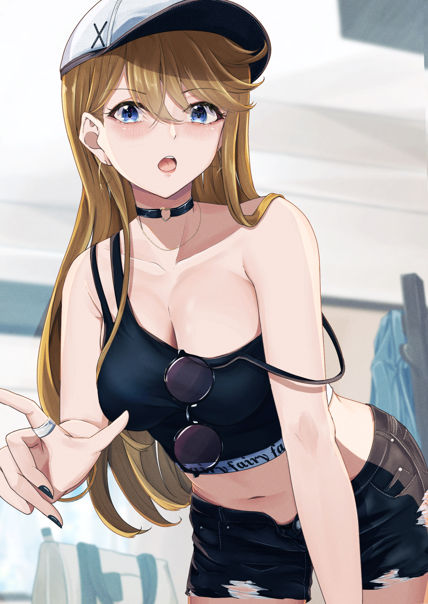 1girl, absurdres, baseball_cap, black_nails, black_shorts, black_tank_top, blue_eyes, blush, breasts, brown_hair, choker, cleavage, collarbone, crop_top, cutoffs, denim, denim_shorts, earrings, eyewear_hang, fingernails, glasses, hat, heart, heart_o-ring, heart_ring_choker, highres, hoop_earrings, idolmaster, idolmaster_million_live!, izuminnu, jewelry, large_breasts, long_hair, looking_at_viewer, midriff, nail_polish, navel, o-ring, o-ring_choker, shorts, solo, straight_hair, strap_slip, tank_top, tokoro_megumi, unworn_eyewear, very_long_hair