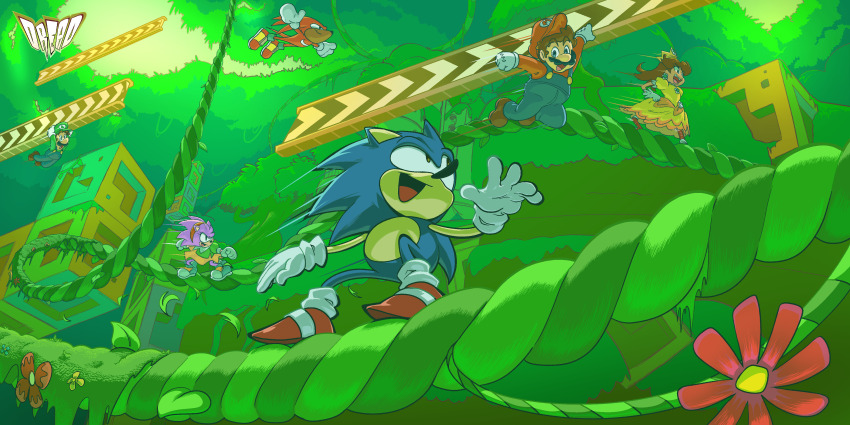 2girls, 4boys, absurdres, amy_rose, classic_amy, classic_knuckles, classic_sonic, crossover, crown, dread_(dreadish), dress, facial_hair, furry, furry_male, gloves, hat, highres, jumping, jungle, knuckles_the_echidna, luigi, mario, mario_(series), multiple_boys, multiple_girls, mustache, nature, nintendo, open_mouth, orange_dress, overalls, plant, princess_daisy, running, sega, sliding, smile, sonic_(series), sonic_superstars, sonic_the_hedgehog, sonic_the_hedgehog_(classic), super_mario_bros._wonder, vines, yellow_dress, zip_track