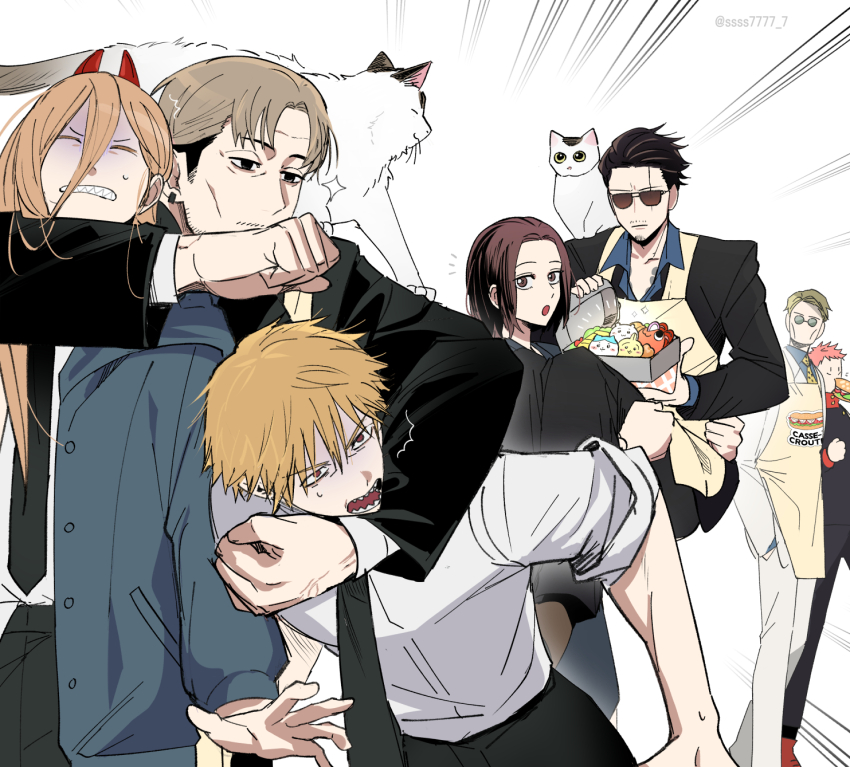 2girls, 5boys, animal, animal_on_shoulder, apron, bento, black_eyes, black_hair