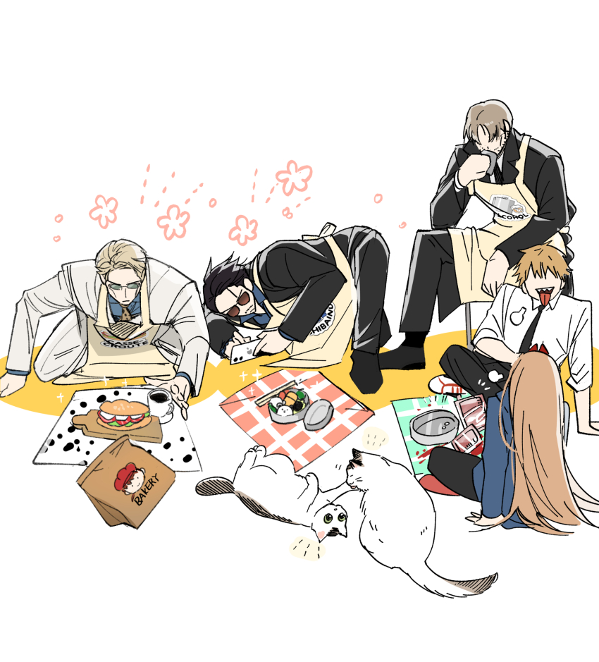 1girl, 4boys, animal, bento, black_footwear, black_jacket, black_pants, blonde_hair, blue_jacket, bottle, cat, cellphone, chainsaw_man, closed_mouth, cloth, cup, demon_girl, demon_horns, denji_(chainsaw_man), drinking, facial_hair, food, full_body, gin_(gokushfuudou), goggles, gokushufudou, highres, holding, holding_bottle, holding_phone, horns, jacket, jujutsu_kaisen, kishibe_(chainsaw_man), kneeling, long_hair, long_sleeves, meowy_(chainsaw_man), multiple_boys, nanami_kento, pants, phone, power_(chainsaw_man), sandwich, scar, scar_on_face, scar_on_forehead, shoes, smartphone, ssss7777_7, sunglasses, tatsu_(gokushufudou), tongue, tongue_out, white_jacket, white_pants
