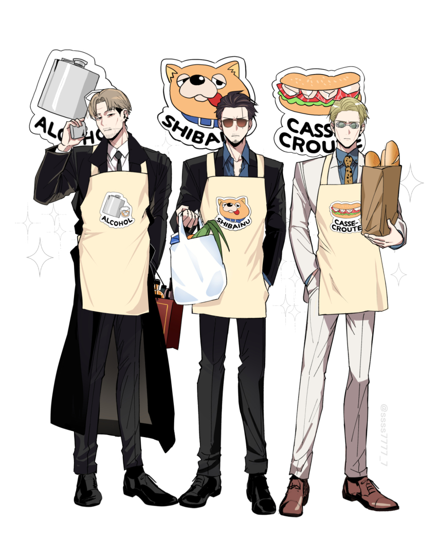 3boys, apron, arm_up, bag, baguette, beard, black_coat, black_eyes