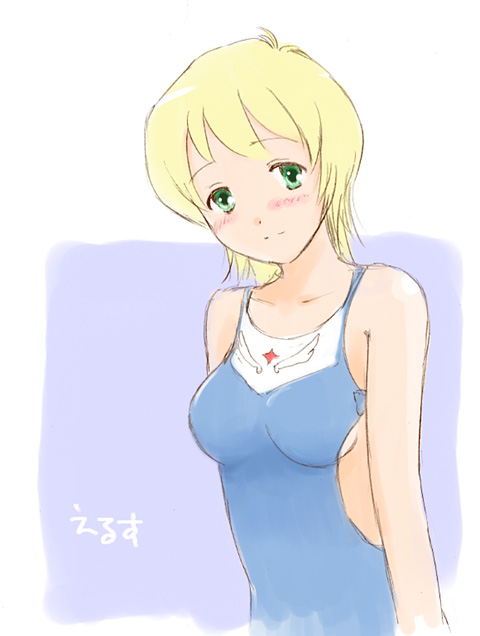 00s, 1girl, blonde_hair, blue_one-piece_swimsuit, clothing_cutout, erstin_ho, female_focus, garderobe_swimsuit