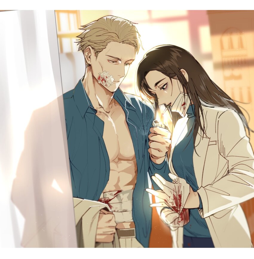 1boy, 1girl, bandage_on_face, bandages, black_eyes, black_hair, blonde_hair, blood