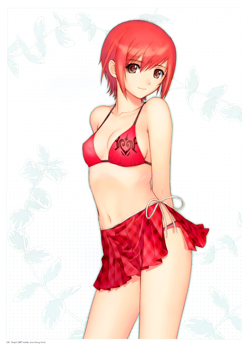 1girl, absurdres, bikini, breasts, brown_eyes, female_focus, highres, long_hair, red_bikini, red_hair, seena_kanon, sega, shining_(series), shining_wind, short_hair, solo, swimsuit, tony_taka, white_background