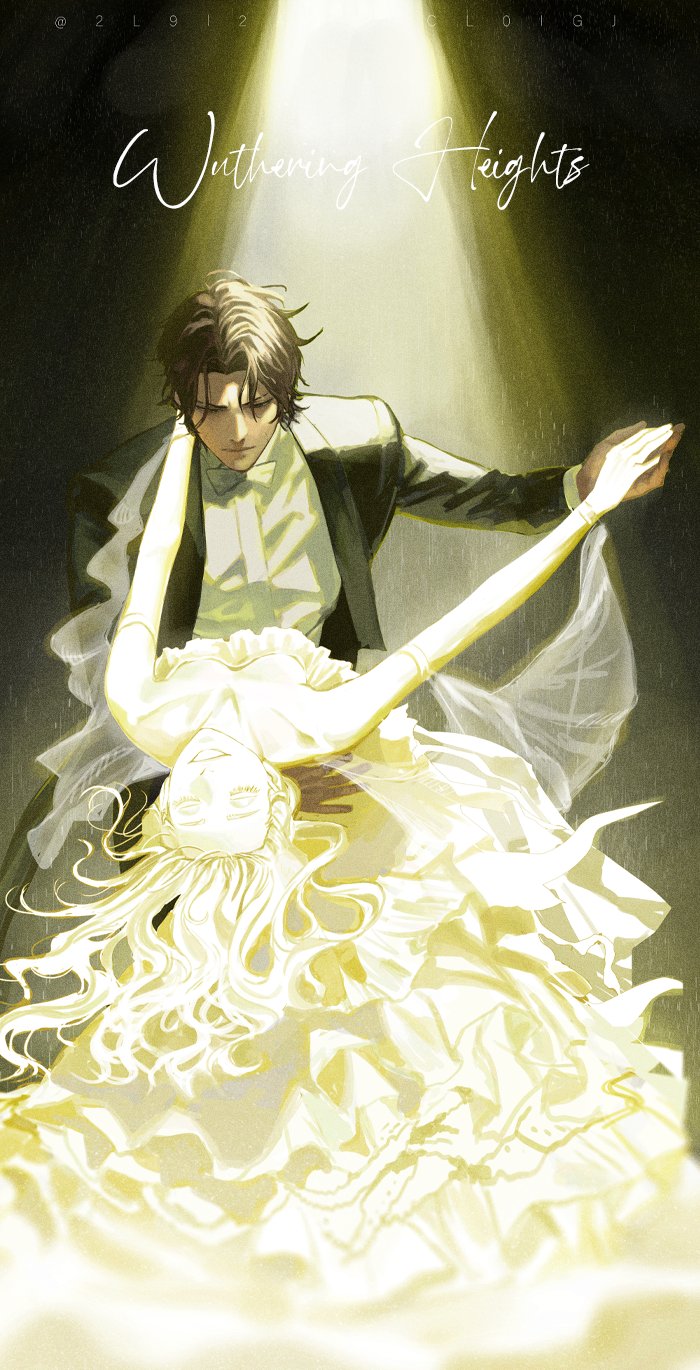 1boy, 1girl, arm_behind_back, blackbox_(blackbox9158), bow, bowtie, brown_hair, catherine_earnshaw