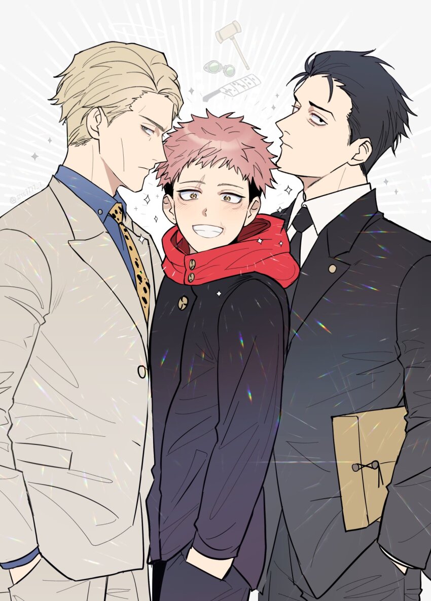 3boys, black_eyes, black_hair, black_jacket, black_necktie, black_pants, black_suit, blonde_hair