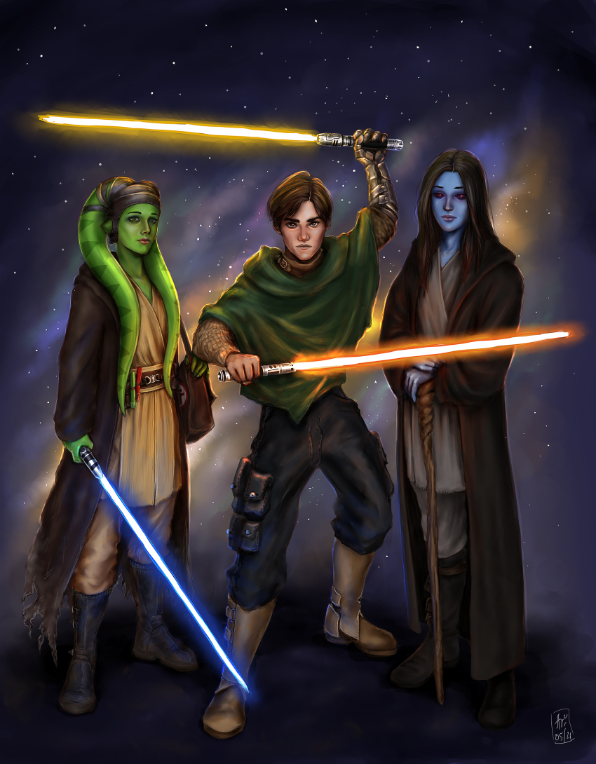 1boy, 2girls, absurdres, alien, arideya, artist_logo, belt, black_hair, black_pants, blue_lightsaber, blue_skin, boots, brown_eyes, brown_footwear, brown_hair, brown_robe, cane, chiss, colored_skin, commentary, energy_sword, english_commentary, green_eyes, green_skin, highres, holding, holding_cane, holding_sword, holding_weapon, lightsaber, logo, long_hair, multiple_girls, orange_lightsaber, outdoors, pants, red_eyes, robe, short_hair, space, star_wars, sword, twi'lek, watermark, weapon, yellow_lightsaber