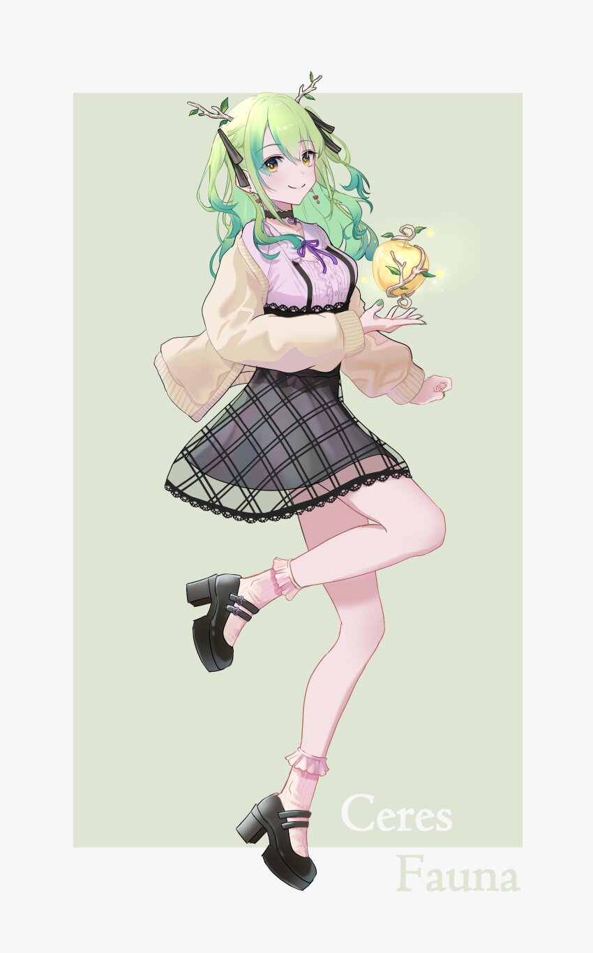 1girl, absurdres, antlers, apple, black_bow, black_choker, black_footwear, black_skirt, bow, braid, branch, breasts, cardigan, ceres_fauna, ceres_fauna_(jirai_kei), character_name, choker, cleavage_cutout, clothing_cutout, english_text, flower, food, frilled_skirt, frilled_socks, frills, fruit, golden_apple, green_hair, green_nails, hair_flower, hair_ornament, hair_ribbon, highres, hololive, hololive_english, horns, jewelry, large_breasts, lienliensn, long_hair, long_sleeves, looking_at_viewer, mole, mole_under_eye, multicolored_hair, nail_polish, official_alternate_costume, official_alternate_hairstyle, open_cardigan, open_clothes, pink_socks, platform_footwear, purple_ribbon, ribbon, see-through_clothes, see-through_skirt, shirt, skirt, smile, socks, solo, streaked_hair, suspenders, two_side_up, v, virtual_youtuber, yellow_eyes