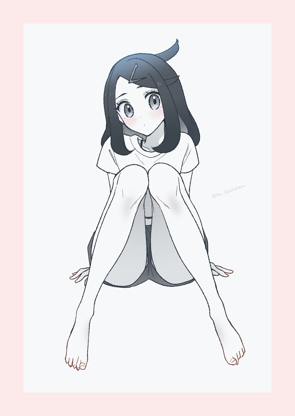 1girl, arm_support, barefoot, border, closed_mouth, commentary, cowlick, eyelashes, full_body, hair_ornament, hairclip, highres, knees, knees_together_feet_apart, knees_up, legs, liko_(pokemon), nintendo, pink_border, pokemon, pokemon_(anime), pokemon_horizons, rei_hinketsu, shirt, short_sleeves, shorts, sidelocks, sitting, solo, untranslatable_commentary, t-shirt, toenails, toes